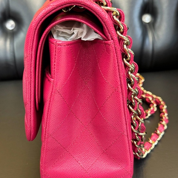 New Rare CHANEL Fuchsia Pink Large Classic Flap Bag Grained Calfskin Gold metal - Picture 5 of 14